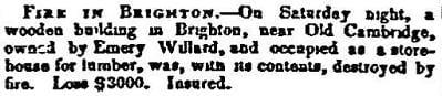 1852 Boston Atlas newspaper story of a fire in a wooden storehouse for lumber in Brighton.