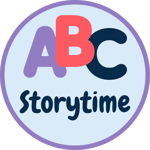 Light blue circle with a large ABC in purple, red, and navy blue above the word Storytime.