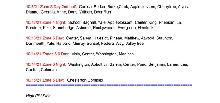 Fall 2021 Hydrant Flushing Schedule