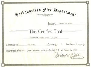 Retirement certificate for District Chief John L. Glynn, March 8, 1950.