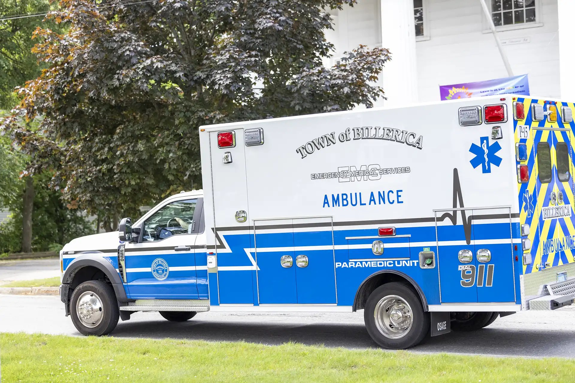 Side view of a Billerica ambulance.