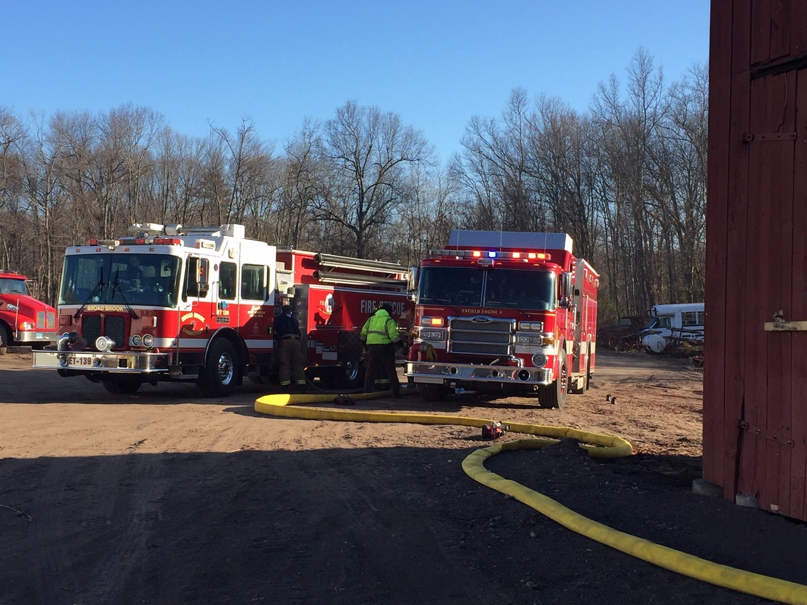 Chief Edward N. Richards reports that Enfield Fire District No. 1 responded to a large lumber fire this morning at 60 Weymouth Road. (Photo courtesy Enfield Fire District No. 1)