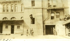 Ladderman Gilbert W. Jones, training at the Drill School, 60 Bristol Street, South End, in 1921.
