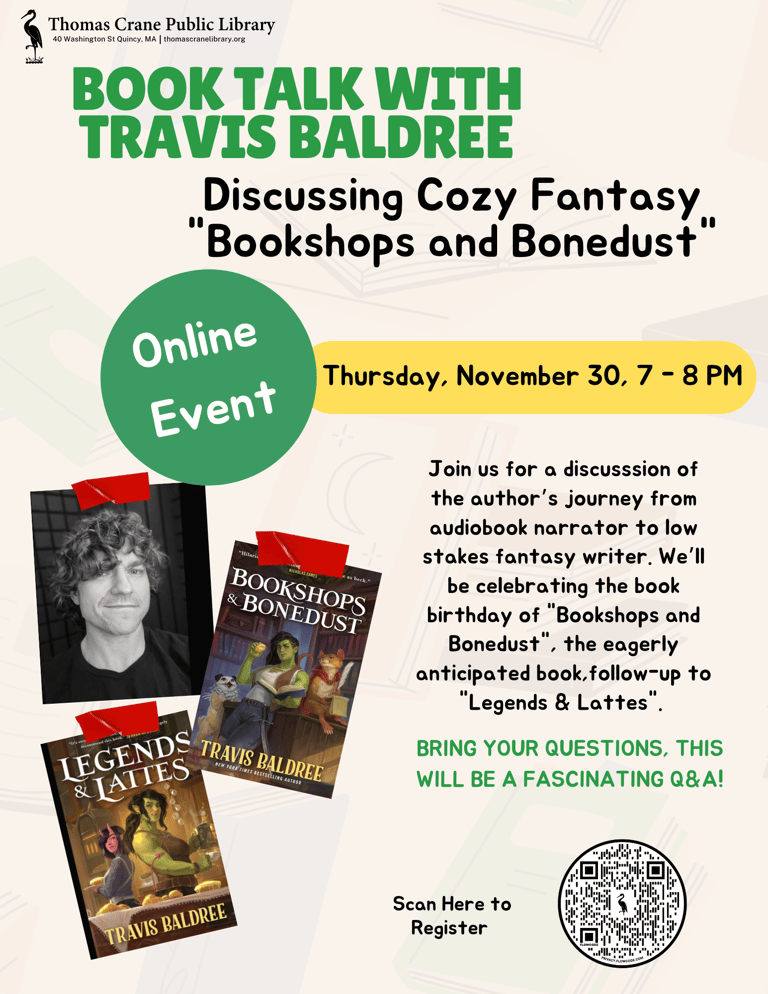 Thomas Crane Public Library to Host Online Q&A with “Bookshops and Bonedust” Author Travis Baldree