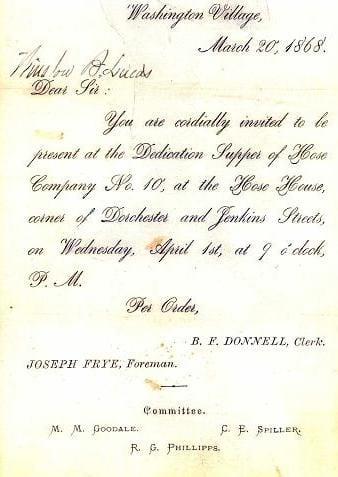 An invitation was written announcing the Dedication Supper of Hose Company 10.