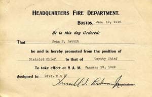 Promotion notice for District Chief John F. Pettit to the rank of Deputy Chief, effective January 19, 1949.