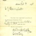 Appointment notification for George J. Baumeister, to report for duty on February 11, 1898.