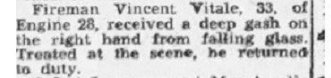 Newspaper story of the injury to Ladderman Vincent D. Vitale on 12/22/1948.
