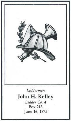 LODD Card for Ladderman Kelley, Ladder 4, LODD 6/16/1875.