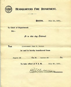 Transfer notice for Lieutenant John F. Pettit from Engine Co. 23 to Ladder Co. 23, effective July 20, 1928.