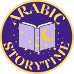 Purple circle with a light purple book covered in yellow stars and a crescent moon. Text around the book reads ARABIC STORYTIME.