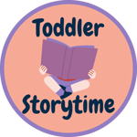 Coral circle with a graphic of a child reading a large book. Text above and below the graphic reads Toddler Storytime.