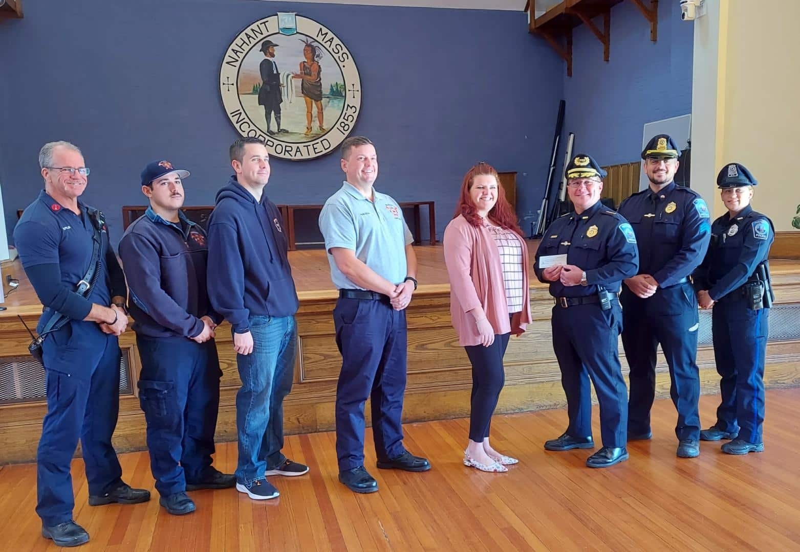 Representatives of the Nahant Police and Fire Departments attended a ceremony to donate $9,000 to the Susan G. Komen Foundation, supporting its efforts to fight breast cancer. From left, Fire Lt. David Doyle, Firefighter Steven Scaglione, Firefighter Nick Papagelis, Fire Capt. Robert Barreda, Melissa MacNeil, Development Director for the Komen Foundation in Massachusetts, Police Chief Timothy Furlong, Sgt. Matthew Morneau, and Officer Heather Leary.