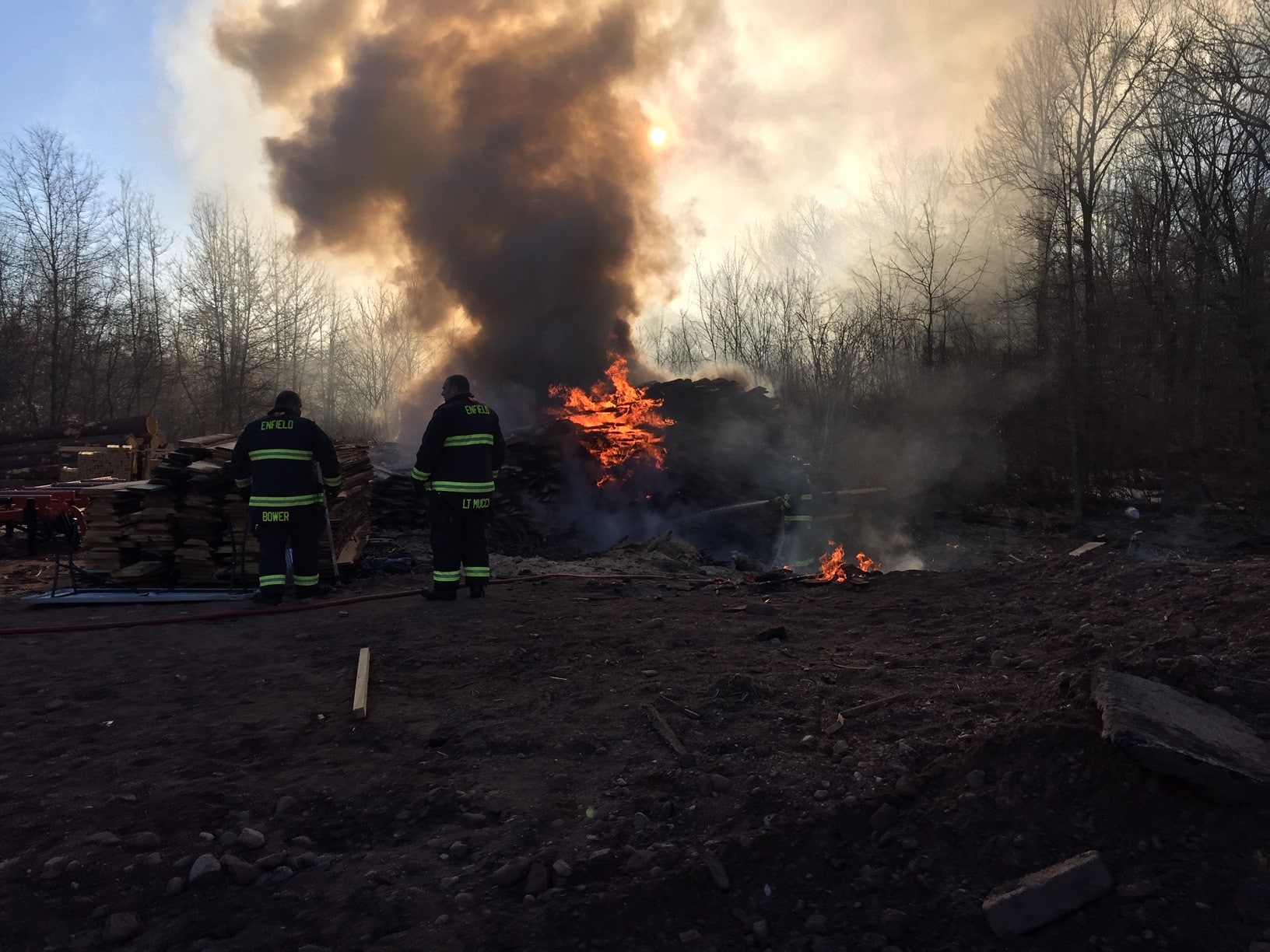 Chief Edward N. Richards reports that Enfield Fire District No. 1 responded to a large lumber fire this morning at 60 Weymouth Road. (Photo courtesy Enfield Fire District No. 1)