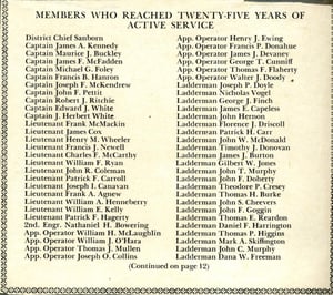 1943 Department notice of members who had achieved 25 years service. Ladderman Gilbert W. Jones is listed.
