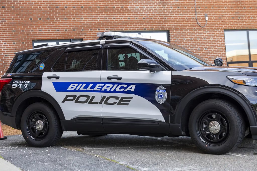 Side view of a Billerica Police Department Patrol Cruiser.