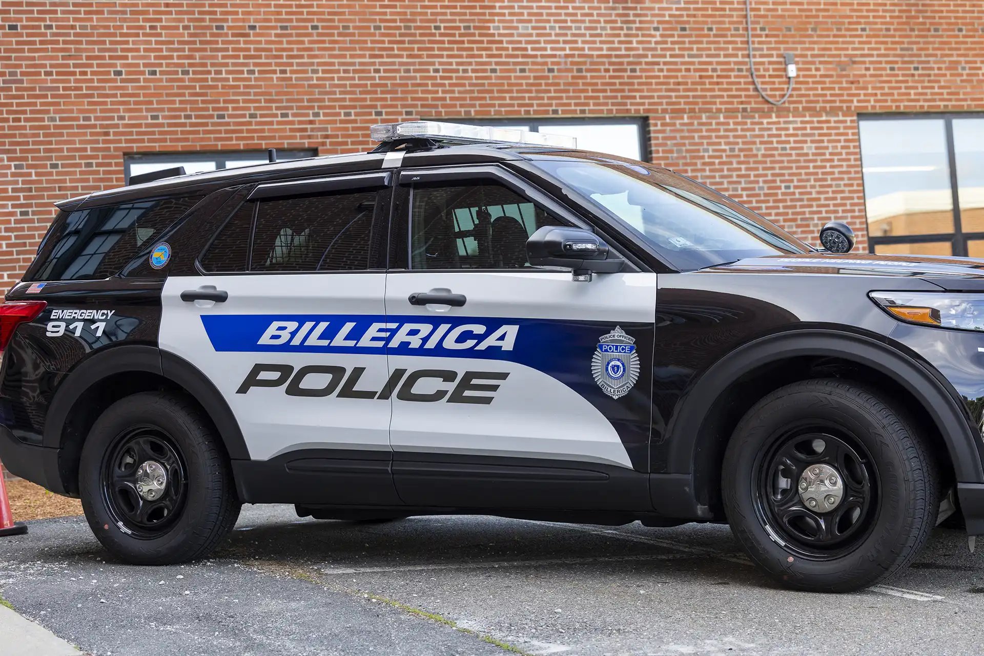 Side view of a Billerica Police Department Patrol Cruiser.