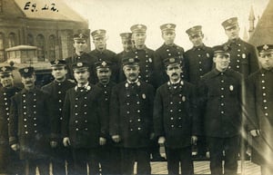 Members of Engine Co. 9 and Ladder Co. 2 at quarters at 60 Paris Street, East Boston, circa 1900.