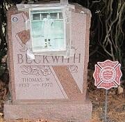 Gravestone of Fire Fighter Thomas W. Becwith in Mt. Benedict Cemetery, West Roxbury, MA