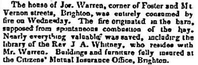 1852 Boston Atlas newspaper story of a house fire at Foster & Mt. Vernon Sts. 