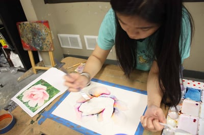 Girl learning to paint with watercolors