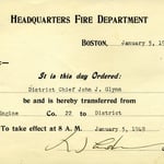 Transfer certificate for District Chief John L. Glynn, from Engine Co. 22 to District 10, January 5, 1949.