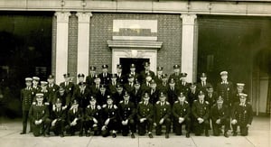 Engine 1, Ladder 5 & District 1 members at quarters, 119 Dorchester St., So. Boston, c. 1954.