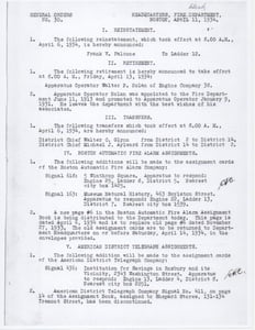 General Order #30 of 1934 announcing the retirement of Apparatus Operator Walter P. Nolan.