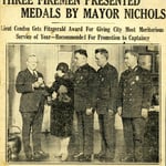 1928 Awards ceremony: Ladderman Gilbert W. Jones, Ladder Co. 15, was awarded the 1927 Walter Scott Medal for Valor.