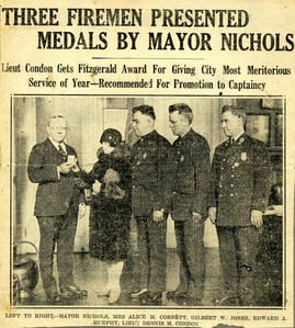 1928 Awards ceremony: Ladderman Gilbert W. Jones, Ladder Co. 15, was awarded the 1927 Walter Scott Medal for Valor.