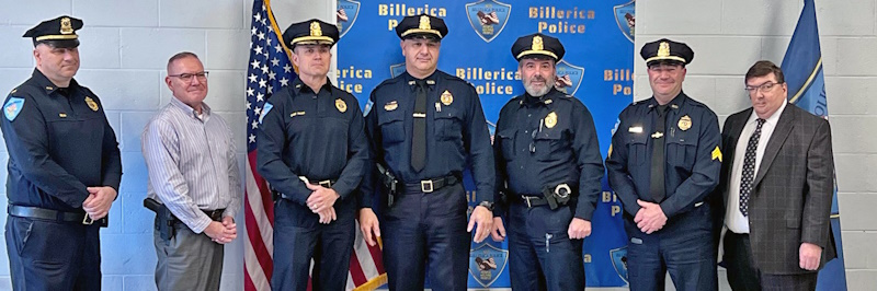 Billerica Police commanders stand with Lt. John Zarro following Zarro’s swearing in. From left are Lt. Robert Beloin, Deputy Chief Jerry Roche, Chief Roy Frost, Lt. Zarro, Lt Commander Ron Balboni, Sgt. Andy Devito and Town Manager John Curran.