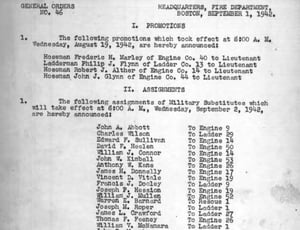 General Order #46 of 1942, announcing the appointment of Vincent D. Vitale to the Boston Fire Department, 9/2/1942.