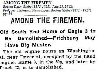 Newspaper story on the demolition of the firehouse at 1171 Washington St.