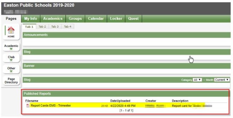 Aspen Family Portal Report Card View