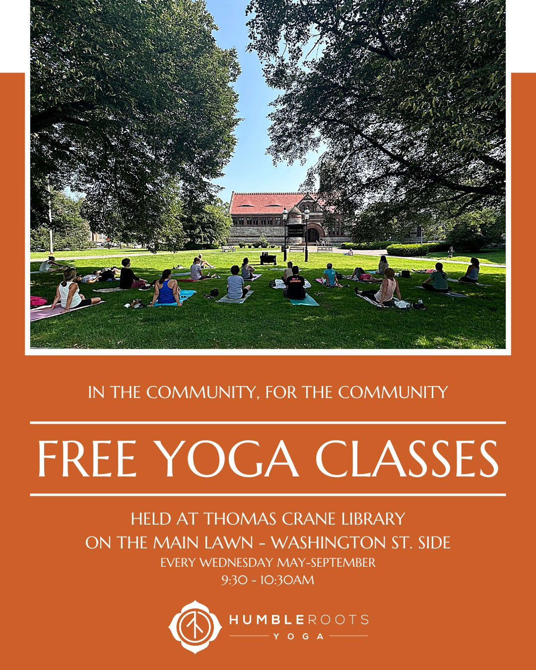 Humble Roots Yoga poster for free yoga classes from May to September 2023 at the Thomas Crane Library