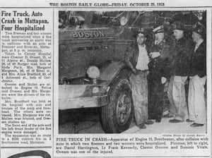 Boston Globe story on the crash involving Engine Company 19, with Hoseman Dominic R. Vitale, October 28, 1955.