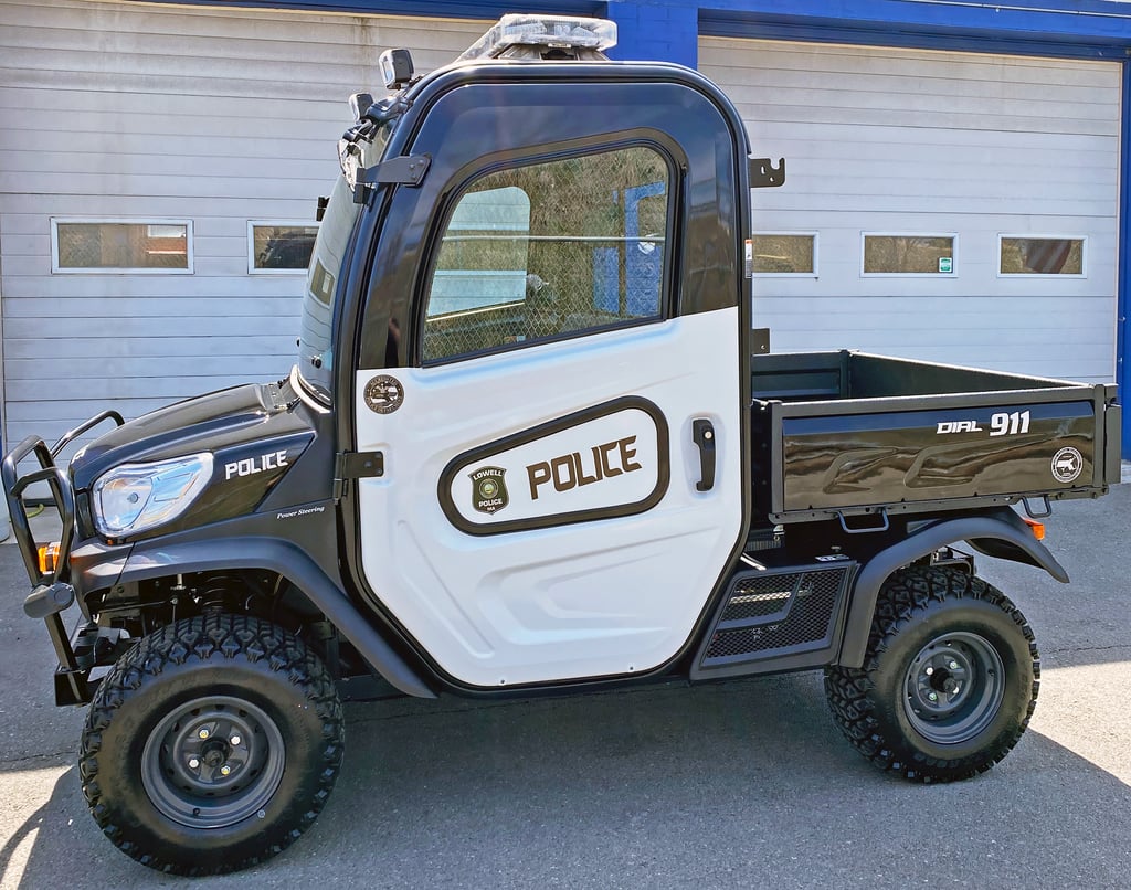 The Lowell Police Department's new Kubota utility vehicle, which will be used for high-visibility patrols at civic events and other large gatherings, as well as for regular patrols in parks and high-density parts of the city. (Courtesy Lowell Police Department)