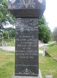Photo of the gravestone of Hoseman William J. Welch, Holyhood Cemetery, Brookline, MA.