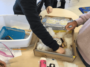 Students work on a design challenge to build a soundproof shoebox at the STEAM Lab, located at the Ripley Building.