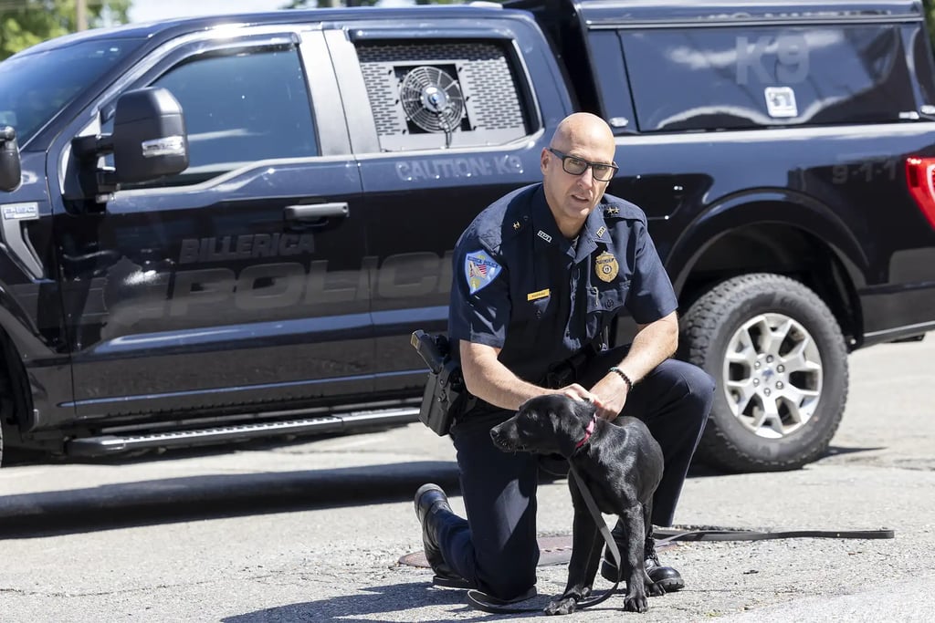 Billerica police officer with a department K9.
