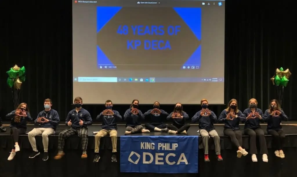King Philip DECA Officers at the States Award Ceremony from left to right: Kristina Conlon, Cole Breen, Ajae Olsen, Jarred Curran, Samantha Asperelli, Ahunna James, Audrey Leonard, Ryan Boucher, Jaclyn Anderson, Courtney Keswick, and Riley Abrams. (Photo courtesy King Philip Regional School District)