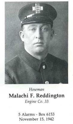 Photo of Hoseman Malachi F. Reddington, Engine Company 33, LODD 11/15/1942.