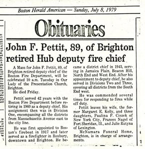 Boston Herald obituary of retired Deputy Fire Chief John Francis Pettit, July 8, 1979.
