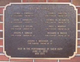The Hotel Vendome Fire Memorial Tablet at Florian Hall.