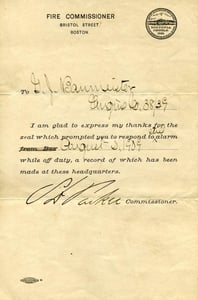 Commendation for George J. Baumeister for responding to a fire while off-duty, 8/2/1909, by Commissioner Samuel J. Parker.