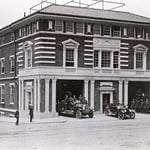 Engine 1, Ladder 5 and District Chief 6 in front of a newly remodeled firehouse at 119 Dorchester St., South Boston, in 1917.