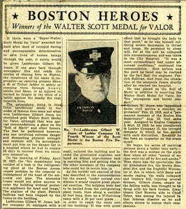 Profile of 'Boston Heroes', winners of the Walter Scott Medal for Valor, featuring Ladderman Gilbert W. Jones, Ladder Co. 15.