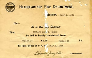 Transfer certificate for Captain John L. Glynn, from Engine Co. 13 to Engine Co. 22, July 3, 1936.