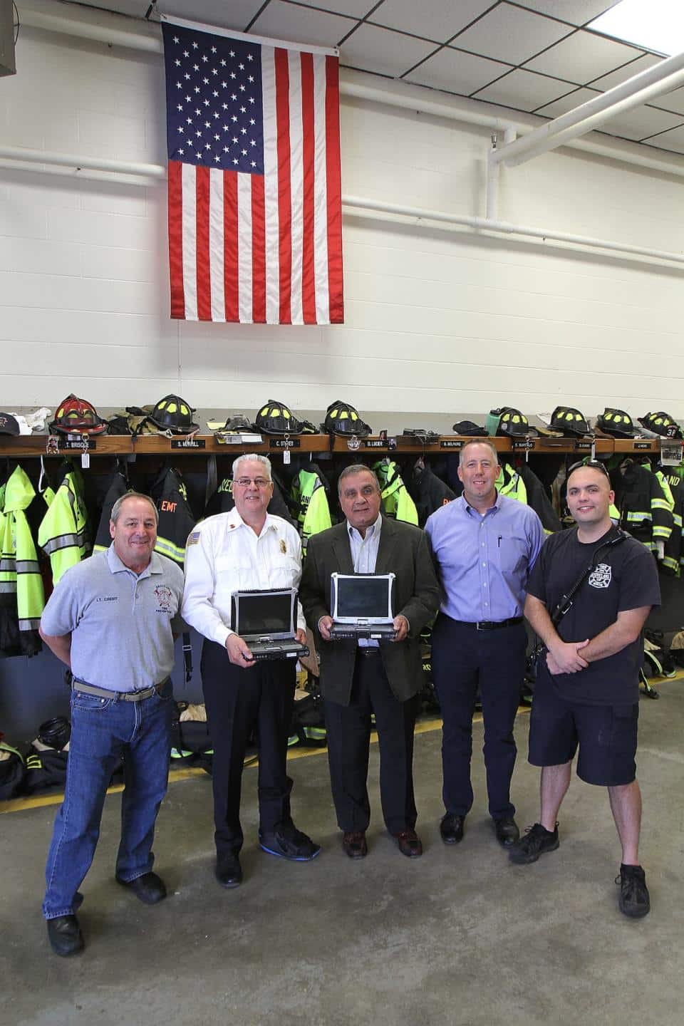 Trinity EMS donated multiple computers to the Groveland Fire Department. Left to right: Lt. Al Credit, Chief Robert Lay, Trinity President and Co-Owner John Chemaly, Christopher Dick, Director of Business Development and Marketing, and Firefighter Taylor Balletto. (Courtesy Photo)