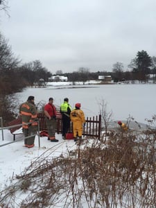 The Littleton Police and Fire Departments removed a drone from Mill Pond after a resident fell through the ice trying to retrieve it. (Courtesy Photo)